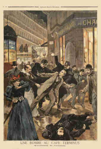 Painting of the capture of Emile Henry, after bombing the Café Terminus. By Osvaldo Tofani - Bibliothèque nationale de France, Public Domain, https://commons.wikimedia.org/w/index.php?curid=4056321
