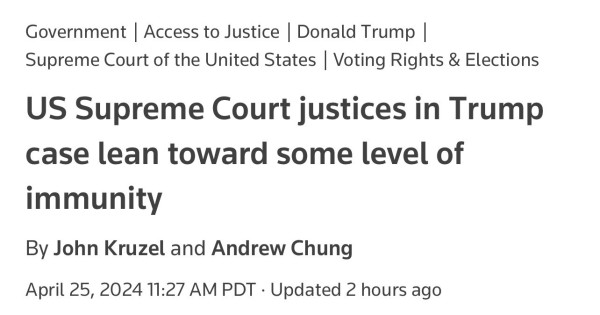 Headline US Supreme Court justices in Trump case lean toward some level of immunity

Plus Trump gets another break in the NY civil trial. It’s a good day for evil. Always has been.