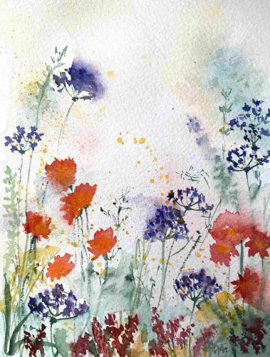 Vibrant red and purple flowers are depicted in a loose, watercolor style against a soft, textured background that hints of a misty morning. Splashes and specks of paint add a dynamic, spontaneous feel to the floral scene, conveying the beauty of a blooming field.
