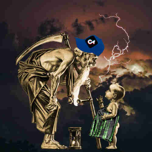 A scythe-wielding, crook-backed Father Time bends low to stare into the face of a cherubic Baby New Year. Father Time wears a backwards baseball-cap with the Tiktok logo. Baby New Year is waving goodbye and holding a satchel decorated with the 'code waterfall' from the credit sequences of the Wachowskis' 'Matrix' movies. The background is a stormy sky, with a forked lightning striking between the two figures.