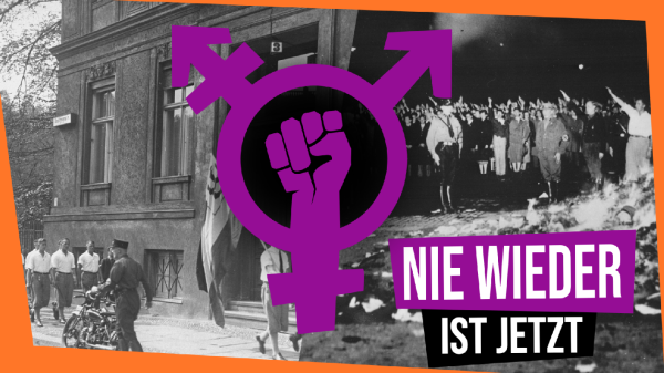 Ein lila Transfeminismussymbol mit den Worten: "Nie wieder ist jetzt" daneben. Im Hintergrund Bilder in Grautönen von marschierenden Menschen und Menschengruppen, die den Hitlergruß machen. Um das Bild ein oranger Rahmen.