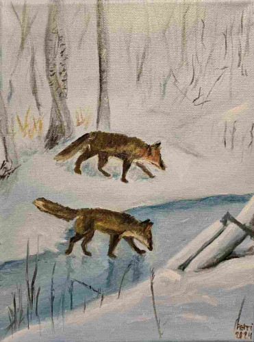 An oil painting of two foxes in snowy landscape. One walking on the snow. Another walking on the ice.