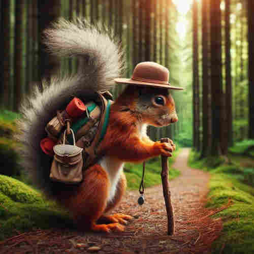 Picture a red squirrel dressed as a hiker , with a backpack & walking stick. He is on a path thru a pine forest.

AI generated via @PixysJourney@beige.party