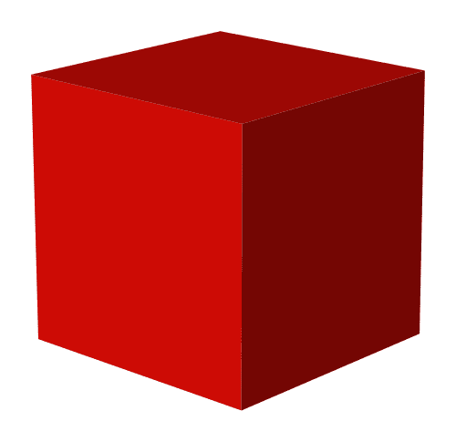 A picture of a red cube showing three sides, each with a different value of red.