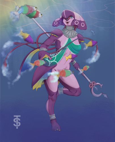 Version 2 of Taking Swim. Jelena the Zora underwater gazing at the fish and rainbow rays. Censored for Cara app. Purple acquatic woman with a spear with a crescent shape tip.
