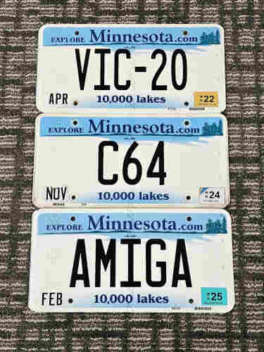 Three Minnesota license plates.
Top: VIC-20
Middle: C64
Bottom: AMIGA
