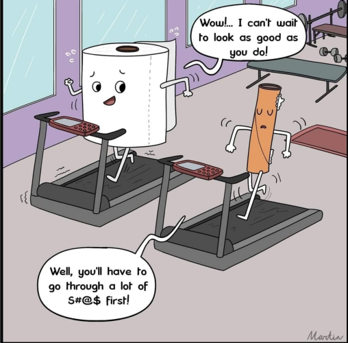 Cartoon by Martin, showing two treadmills at the gym
One has a full roll of toilet tissue running and the other has the thin empty roll running. Fat tissue says to empty tissue, "WOW, I can't wait to look as good as you do!" 
Empty tissue says back, "Well, you'll have to go through a lot of shit first"