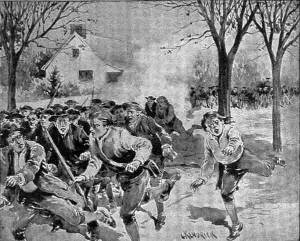 An early 20th century portrayal of Daniel Shays' forces fleeing from Federal troops, armed with cannons, after an attempt to lay siege to the Springfield Arsenal with only four killed and virtually no musket fire; they would regroup later in Amherst, Massachusetts. By C. Kendrick - The people&#039;s history of the world, Edward Sylvester Ellis; vol. VI, Public Domain, https://commons.wikimedia.org/w/index.php?curid=75428402