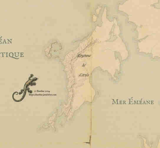 Portion de carte centrée sur le Royaume insulaire de Tarsis. Travail en cours sur un style de relief hachuré/ombré et la châine de montagne longeant la côte ouest du royaume.