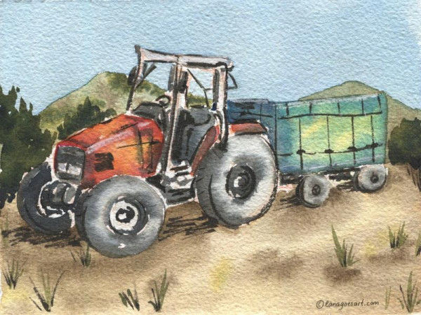 Painting with a red tractor and green hanger on a field.