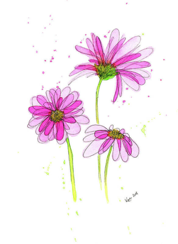 Gerbera doodle is an artwork in vertical format painted by artist Karen Kaspar. It shows three Gerbera or daisy flowers in bright shades of pink with green stems, the petals are outlined in black, and some pink paint splatters on a white background.