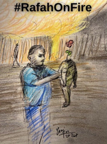 drawing of the horrifying image of a palestinian man holding the body a headless child with flower growing where his head was