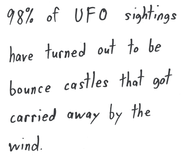 98% of UFO sightings have turned out to be bounce castles that got carried away by the wind.