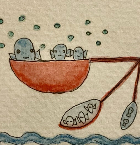 A whimsical illustration of three blue fish in a red spoon with green bubbles above them, connected to three smaller spoons each holding varying numbers of fish. The whole seem to be part of a Ferris Wheel. Blue wavy lines at the bottom suggest water.