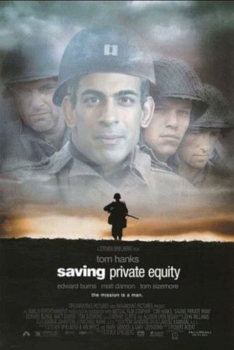 Still image. Poster of Saving Private Ryan with rishi sunak's clownbaby face in place of Tom Hanks'. Four helmeted faces fading into the clouds above a single figure silhouetted against the setting sun, rifle at low ready. 

Film title has been edited to read 'saving private equity'