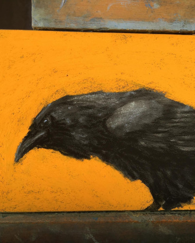 A small pastel painting of an inquisitive looking raven  against a bright orange background