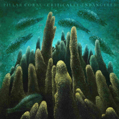 An underwater illustration of a Pillar Coral reef with a few fish around and among it. The colours shade from bright yellow in front  to deep turquoise further away. 