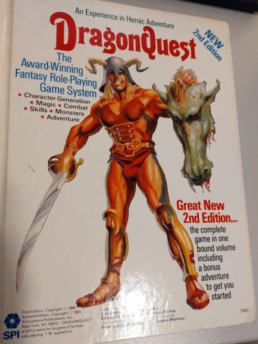 "An Experience in Heroic Adventure

DragonQuest - NEW 2nd Edition

The Award-Winning Fantasy Role-Playing Game System"

White hardcover book with a barely clad muscle dude wearing silly armor, a helmet with spiraling horns, awesome shin-guards, sandals ... holding up a really small dragon head. Dude is smiling real happy.