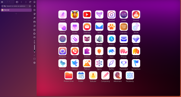 Screenshot of a computer desktop screen of a browser screen with homepage and vertical tabs and search input with a colorful array of social media and app icons against a pink-purple gradient background.