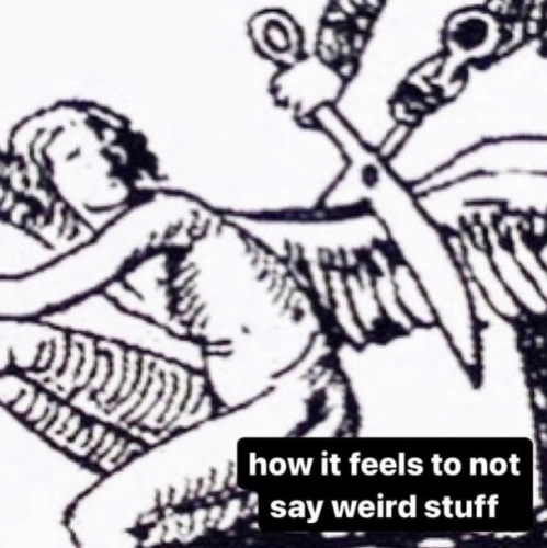 Still image. Black and white line art of a person offscreen holding giant scissors to someone's wings. Bottom text reads:

how it feels to not say weird stuff