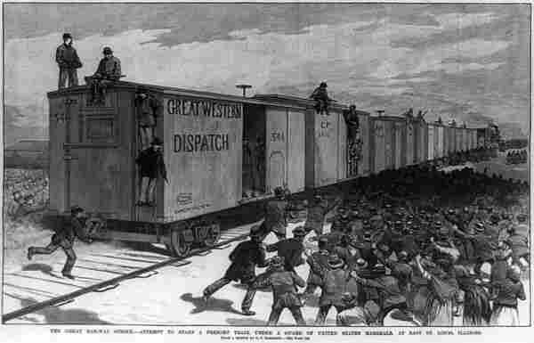 U.S. Marshalls attempt. to start a train during the strike in East St. Louis, Illinois. By Nebinger, G. J., illustrator - This image is available from the United States Library of Congress&#039;s Prints and Photographs divisionunder the digital ID cph.3b45190.This tag does not indicate the copyright status of the attached work. A normal copyright tag is still required. See Commons:Licensing., Public Domain, https://commons.wikimedia.org/w/index.php?curid=21269527
