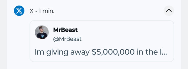 Twitter notification: MrBeast: "I'm giving away $5,000,000 in the l..." (text is cut off)