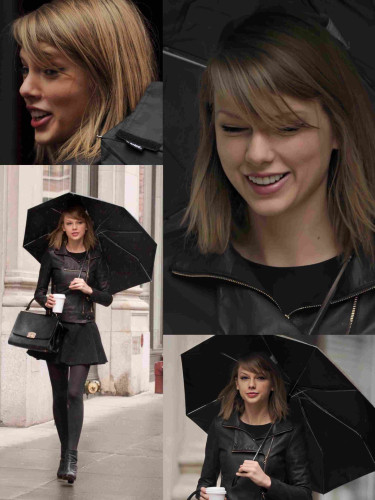 collage of photos of Taylor Swift, with umbrella, on streets of NYC.