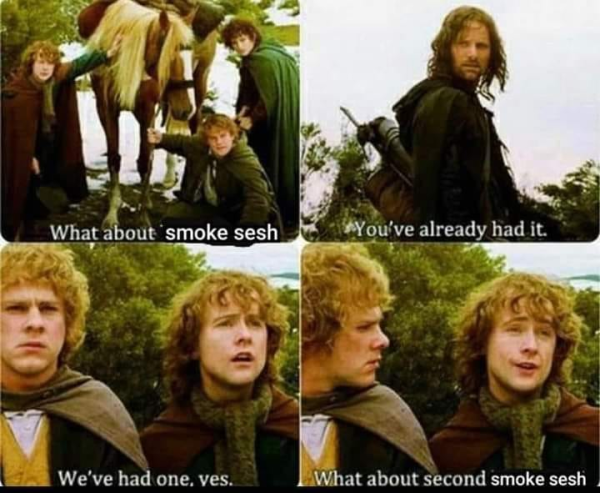 [Lord of the Rings "Second Breakfast" meme]

What about smoke sesh?

You've already had it.

We've had one, yes,

What about second smoke sesh?