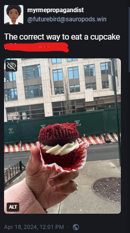 The original post, but "with too big icing" is redacted in red.