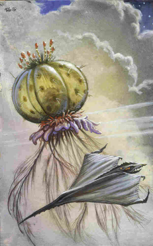 Figure study of aliens - A Jellyblimp that is more spherical that than final image and doesn't have the create dangling from the air sack. This looks more like a cactus with red and purple anemone-like structures on the bottom and wispy vines hanging beneath. The Swordtail has an angular head with jagged teeth on a short pointed beak. It looks like an inverted jet fighter with its head aft and a serrated tail a the cockpit.
