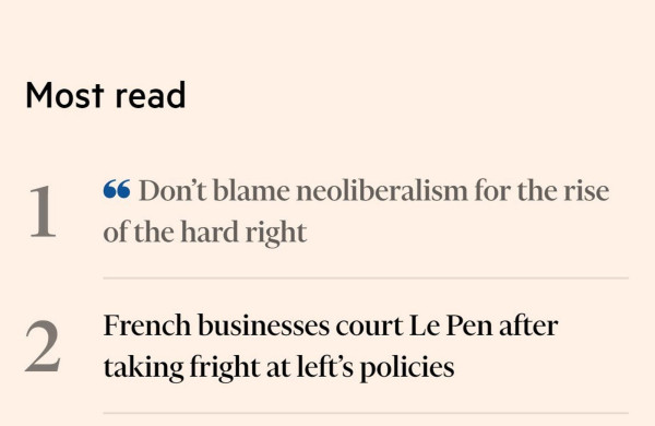An article excerpt showing the titles of the most-read articles: "Don’t blame neoliberalism for the rise of the hard right" and "French businesses court Le Pen after taking fright at left’s policies".