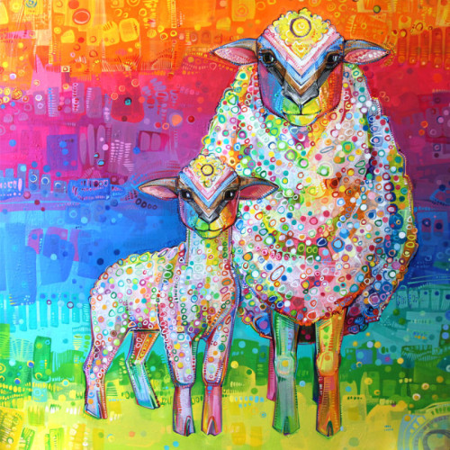 painting of a lamb and a sheep, each embodying the progress pride flag