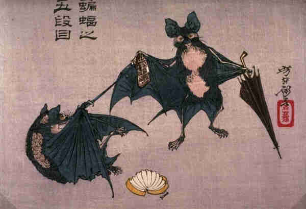 vintage Japanese illustration of two bats swordfighting, one of them holding an umbrella 