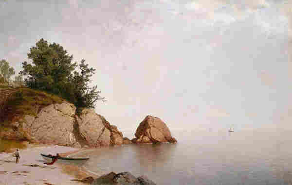 A serene landscape depicts a calm seascape with a hint of sailboats in the distance. A rocky shoreline with sparse vegetation anchors the left of the scene, while a small boat rests near the water's edge, suggesting a tranquil moment captured in time.