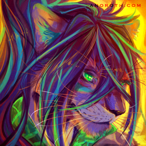 Vivid portrait of a purple and violet anthro big cat with blue hair streaks