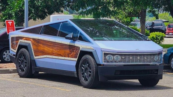 Tesla Cybertruck with a wrap making it look like a 1970's station wagon with wood paneling