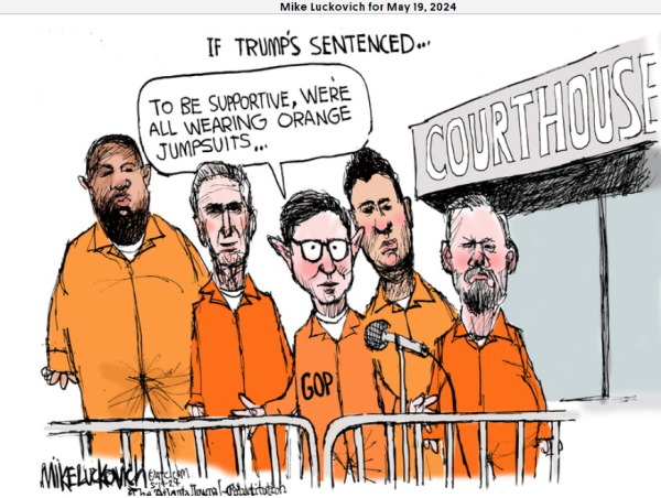 https://www.gocomics.com/mikeluckovich/2024/05/19?ct=v&cti=1536871

Luckovich cartoon. In orange jumpsuits to be supportive stand Speaker Johnson, Junior, some other guys I assume are other MAGA minions.