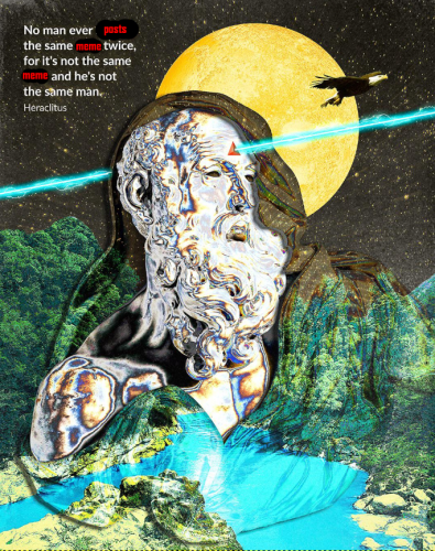 Still image. White marble statue on a background of a moon-lit sky, river, tree, and hill scene. Colors fade from purple to orange to blue and back, a laser and/or lightning bolt is shooting through the statue's forehead as an eagle passes in front of the full moon. 

Top left text:
No man ever posts
the same meme twice,
for it's not the same
mem and he's not
the same man. 
Heraclitus 