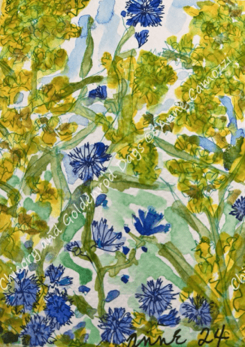 Delicate blue chicory flowers and mustard coloured goldenrod in a whimsical joyful painting 