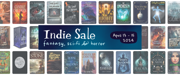 33 book covers in a grid with 11 columns and 3 rows. A blue banner over top in the center says Indie Sale: fantasy, sci-fi, and horror
April 13-15, 2024
