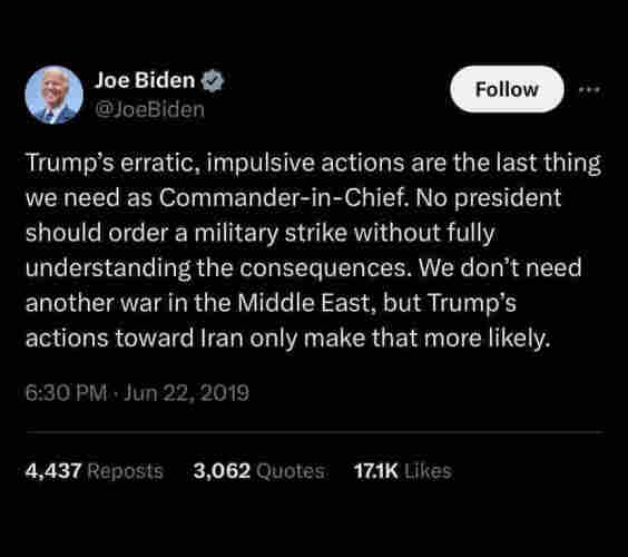 Biden's tweet about Trump's call for military action against Iran