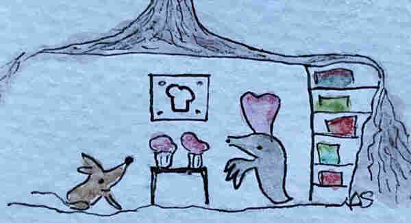In einer Höhler unter einer Baumwurzel sind eine Maus und ein Maulwurf sich gegenüber. Zwischen Ihnen ein Tisch mit zwei rosa Muffins und ein Bild an der Wand mit einer Kochmütze. Hinter dem Maulwurf, der eine rosa Kochmütze trägt, ist ein Regal mit bunten Gegenständen.

AutoALT: Hand-drawn illustration of an anthropomorphic rabbit and a kangaroo looking at ice cream in a shop. There is a chef's hat icon on the wall, indicating it's likely a food establishment.