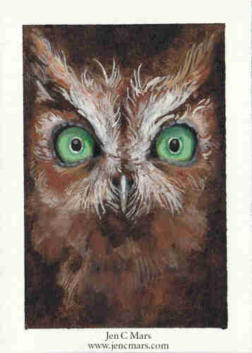 Painting of a red screech owl portrait, it's eyes bright green and wide. The portrait is painted in a water color style with the details in more opaque paint. 