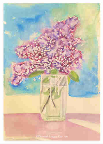 Lilacs In Vase watercolor painting. Floral still life of fresh cut lilacs in a clear vase. Sunlight fills the room, streaming through the water filled container and bathing the entire area with a golden, ethereal feel.