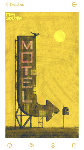 A very tall, dilapidated sign. The sign is an arrow shaped like an uppercase L, with the arrowhead at the base of the L, pointing right. The word "motel" is printed on the L in large, faded, red letters. The sign is weatherbeaten, with holes and patches on it, and is supported by a few rickety support beams. It appears to be in the middle of a desert: flat brown land, golden sky, yellow sun. The arrowhead is pointed at a small birdhouse directly to the right of the sign. Perched on top of the sign is a black bird.