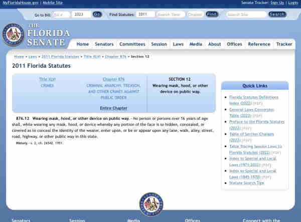 Screenshot of Florida statute 876.12 wearing mask, hood, or other device on public way 