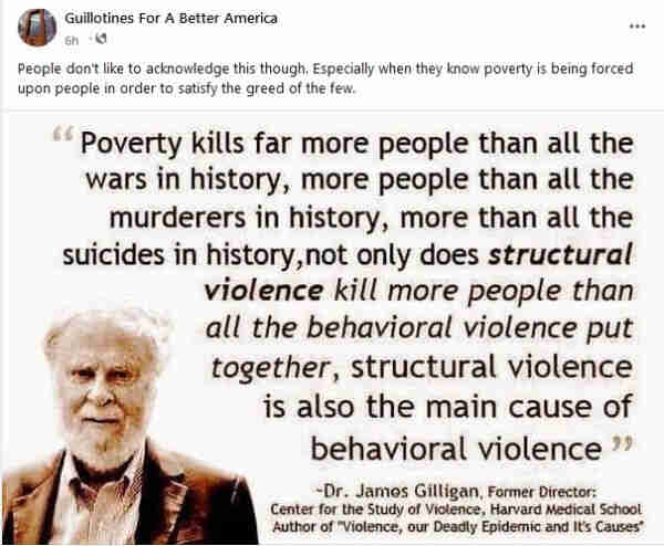Image of Dr. James Gilligan, Harvard University, with his quote:

Poverty kills far more people than all the wars in history, more people than all the murderers in history, more than all the suicides in history, not only does structural violence kill more people than all the behavioral violence put together, structural violence is also the main cause of behavioral violence.