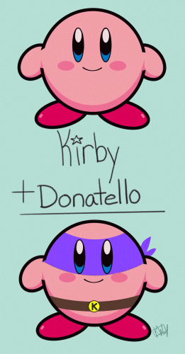 Top: Digital drawing of Kirby, ready & excited to play! 
Middle:  Text reads "Kirby + Donatello ="
Bottom: Digital drawing of Kirby, having eaten & assimilated Donatello from TMNT.