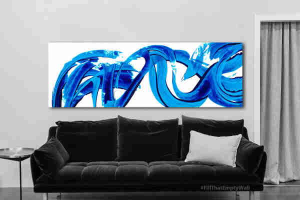 Bright blue abstract in waves across bright white background by artist and poet Sharon Cummings.  Haiku in post.