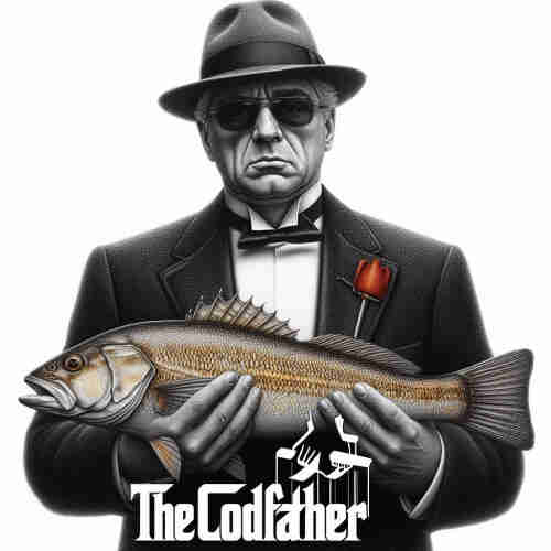 An AI generated movie poster showing a gangster holding a cod. The title is 'The Codfather'.
